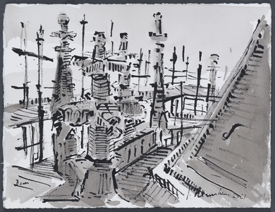 203053 Afbeelding van de pinakels op de spits van de Domtoren met steigers, tijdens de restauratie.